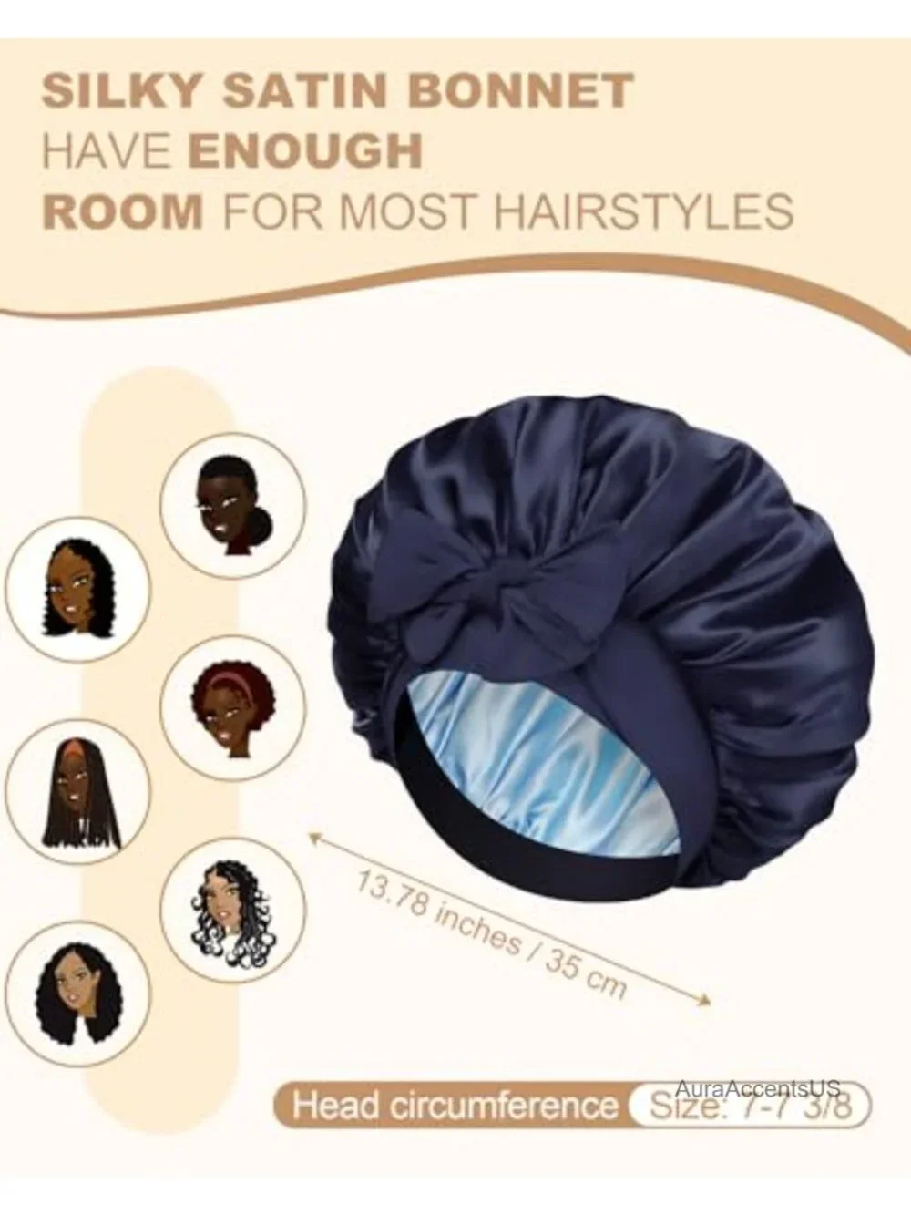 Reversible Satin Sleep Bonnet with Elastic Tie Band for Hair Protection